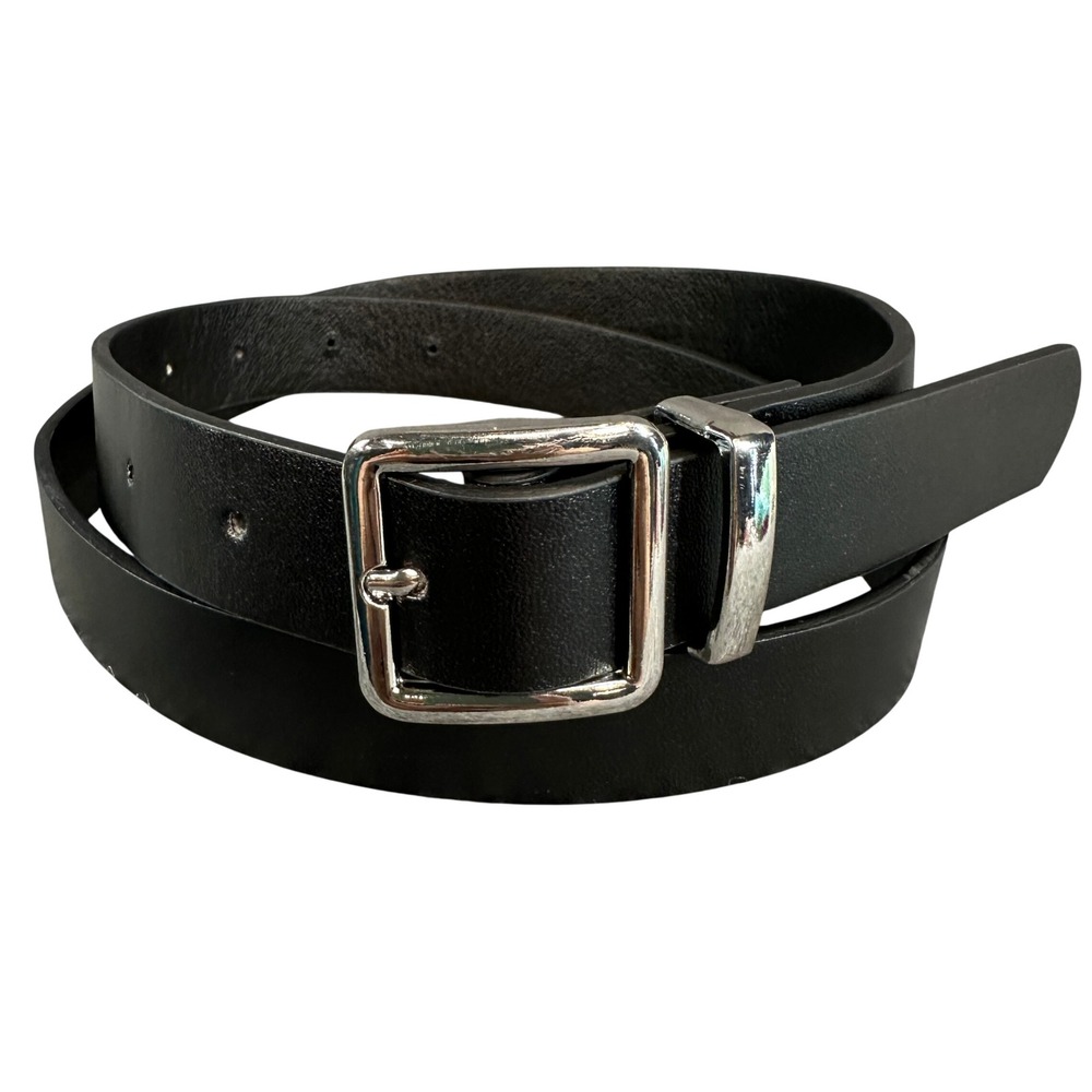 Black Smooth Belt Silver Square Buckle Minimalist Casual Formal Accessory